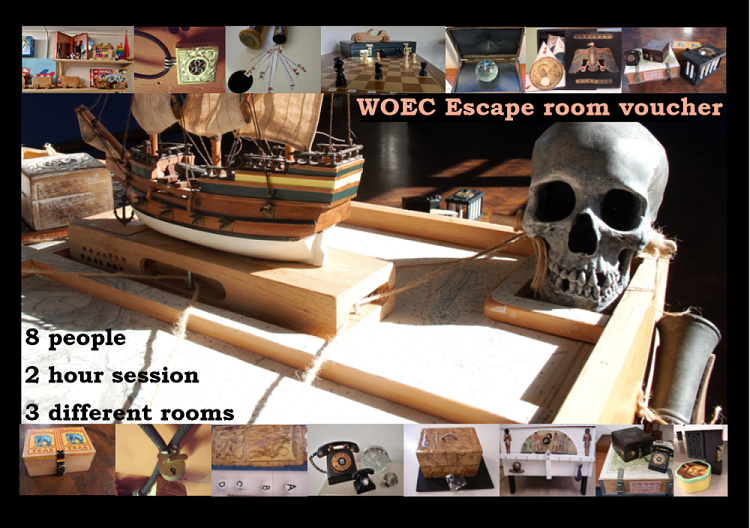 An Escape Room voucher with images of puzzles and games to solve.