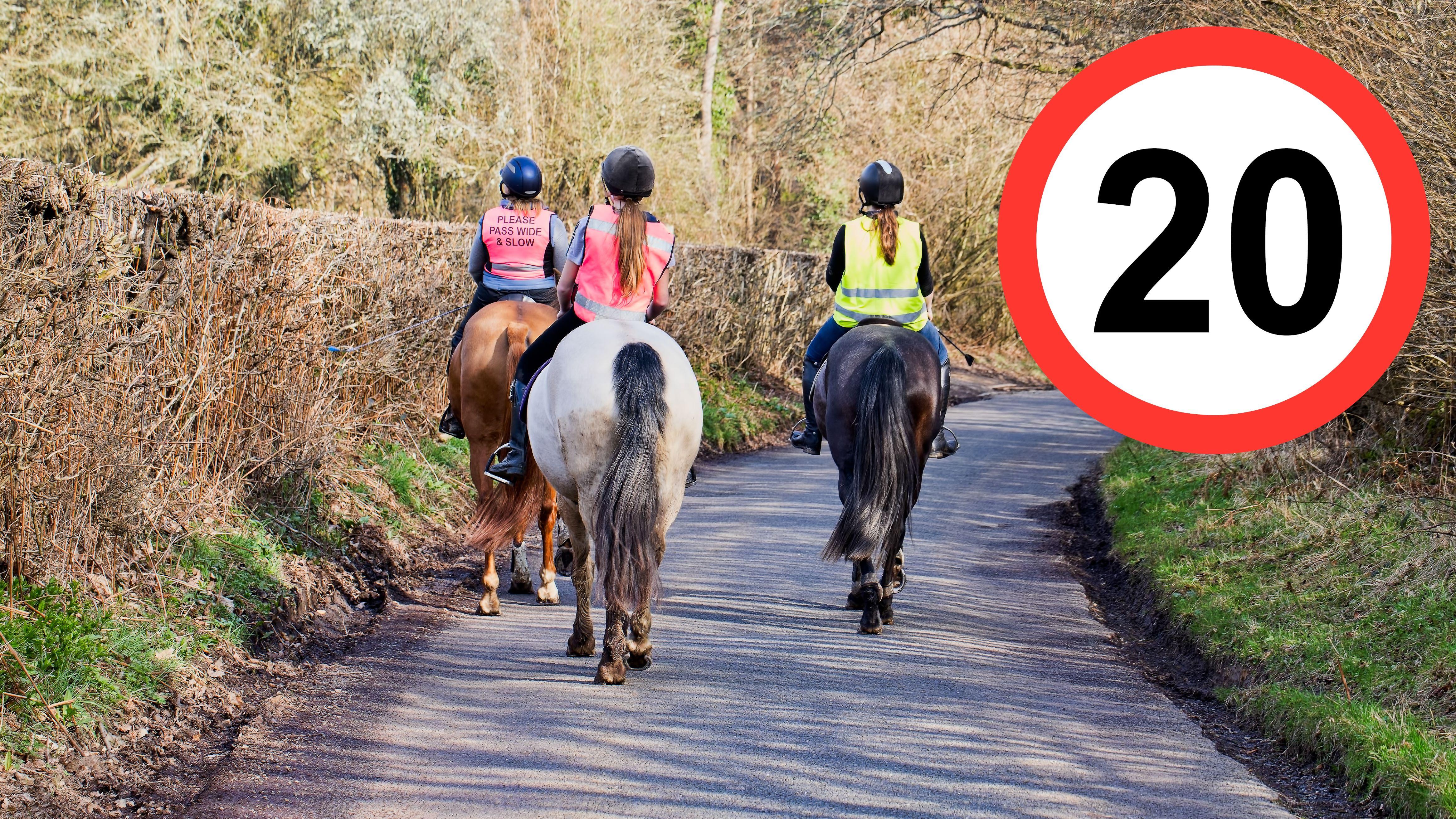 Three people riding horses along a narrow country lane