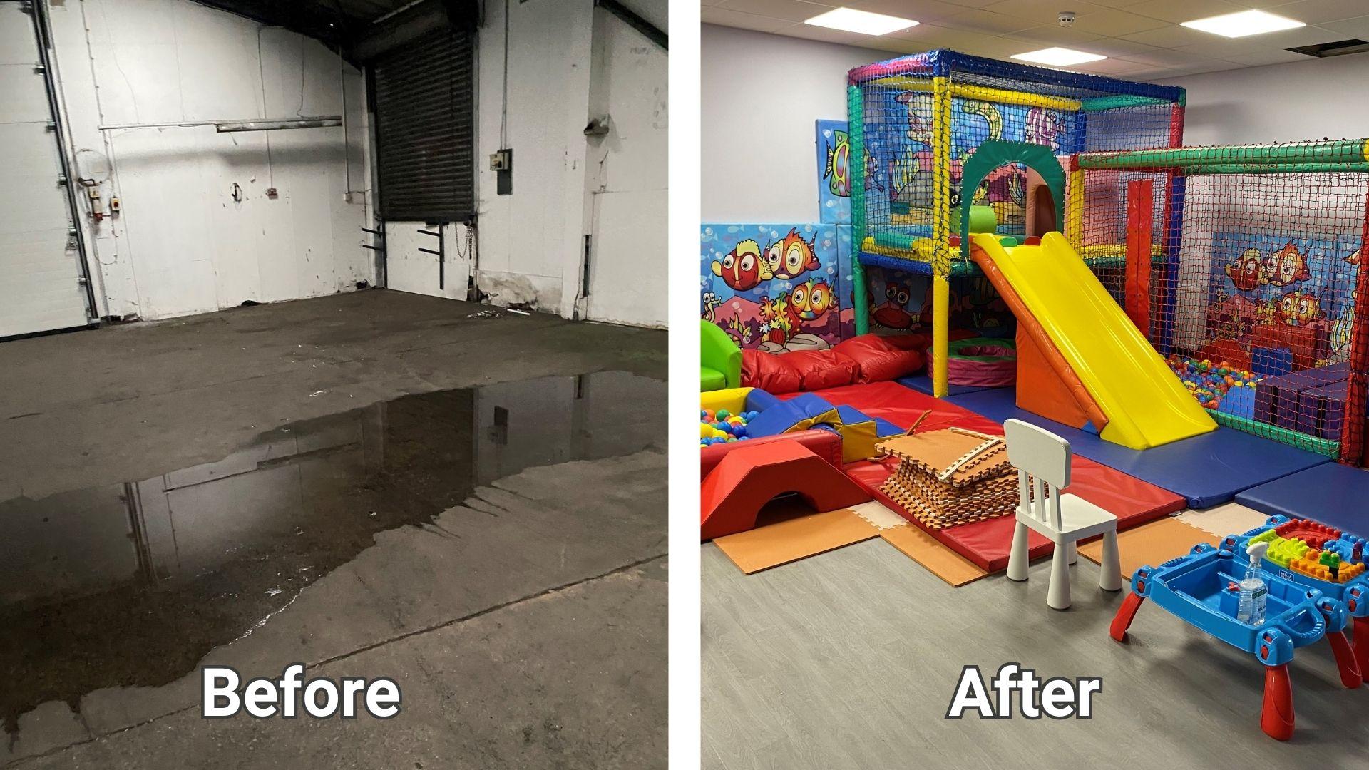 A before and after picture showing a derelict warehouse to a bright soft play area