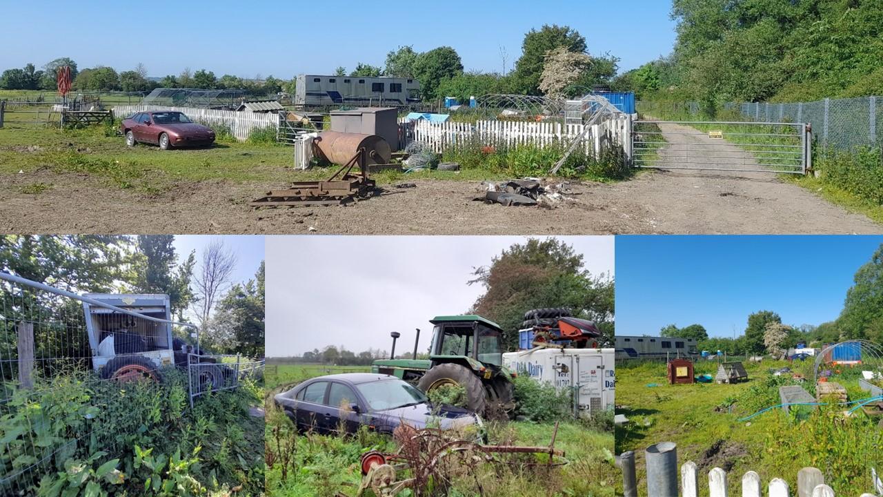 Images of the site as shown in court, various unauthorised items in an overgrown field