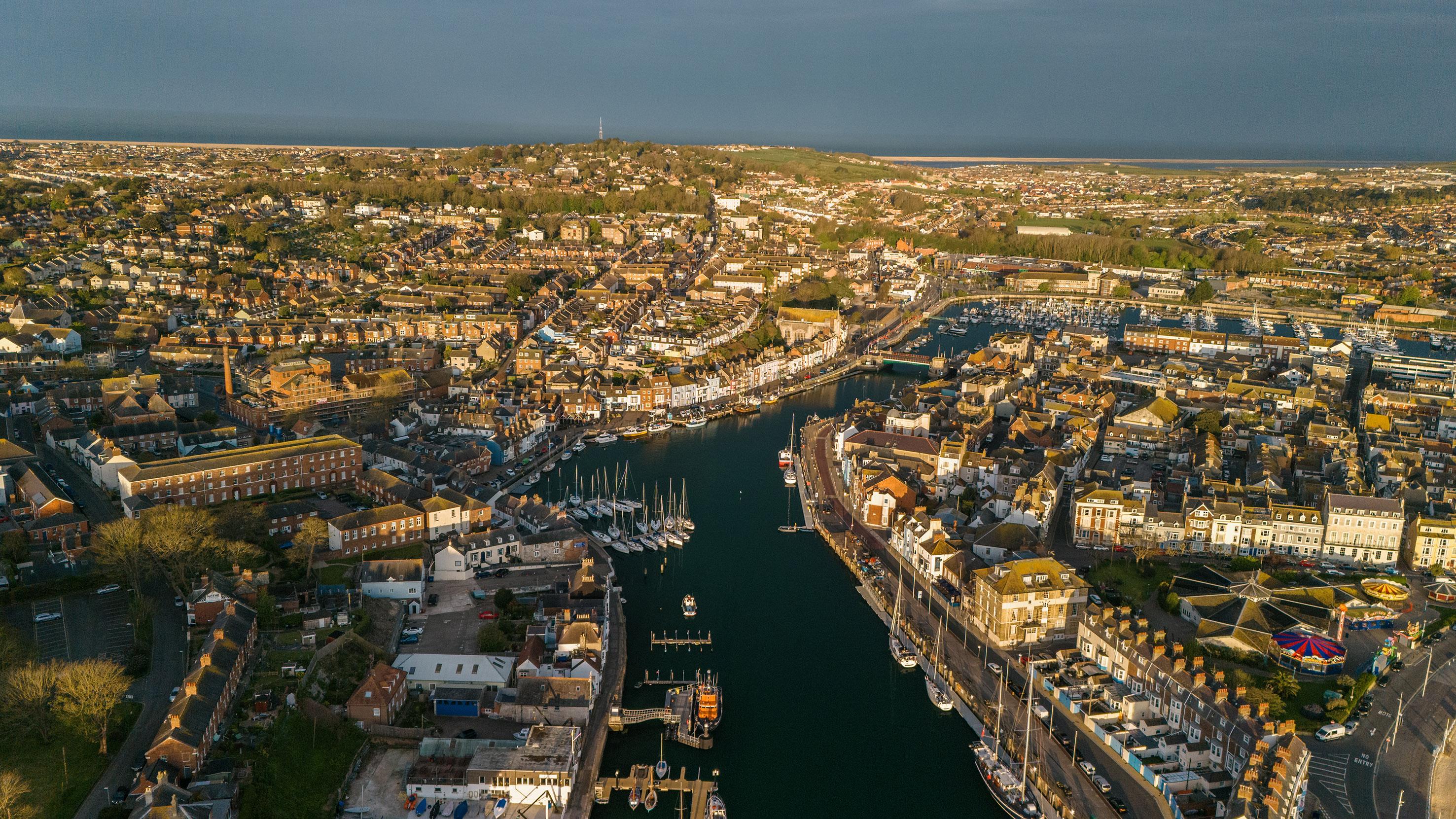 Weymouth - Aerial drone shot of marina and surrounding areas