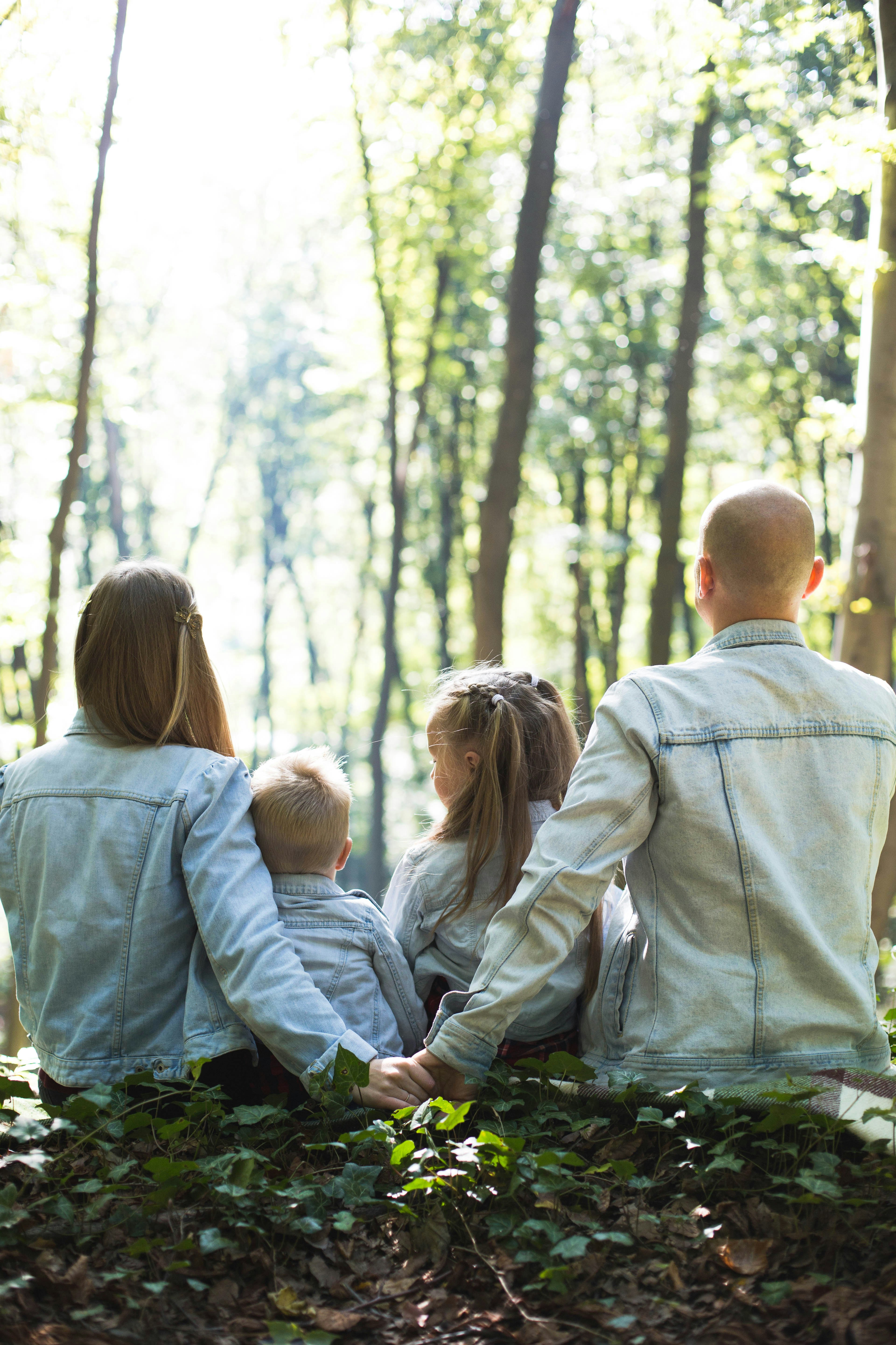 A man and a woman in woodland with their backs towards the camera holding hands with two children sitting between them