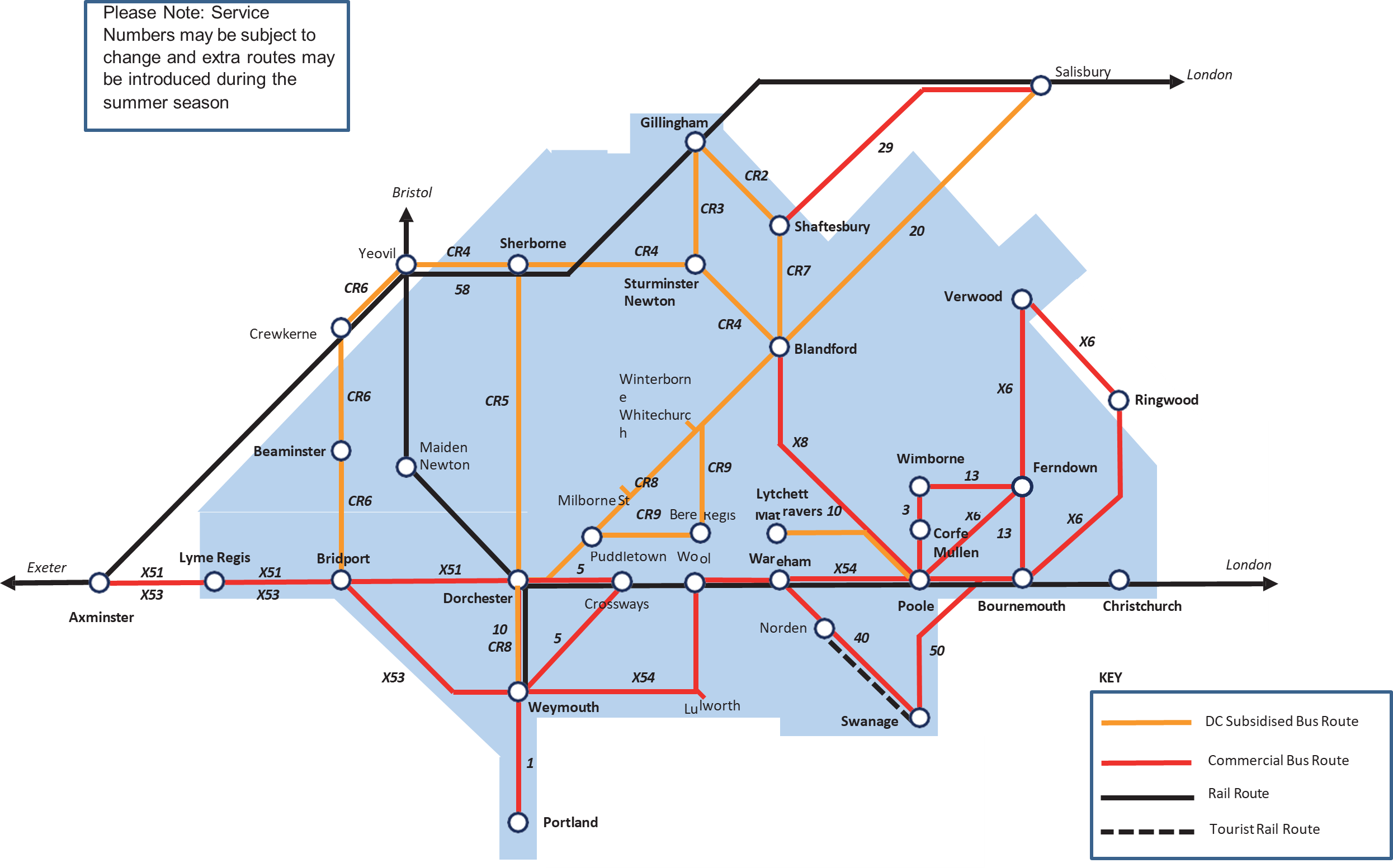 Image of urban and core routes within the wider area transport network for Dorset