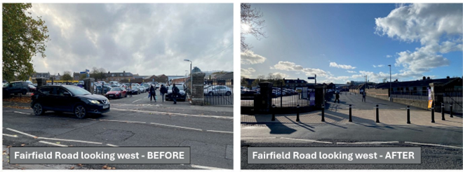 Before and after image of Fairfield Road, looking west