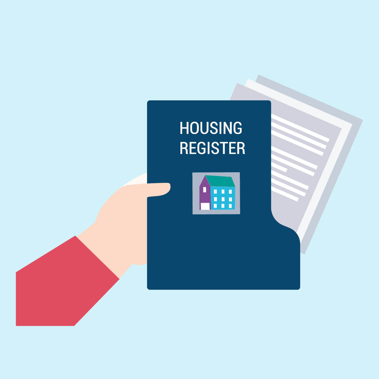 A hand holding a folder with the title 'housing register'