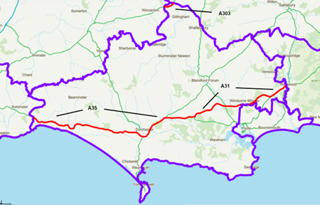 Plan showing locations of trunk roads in Dorset