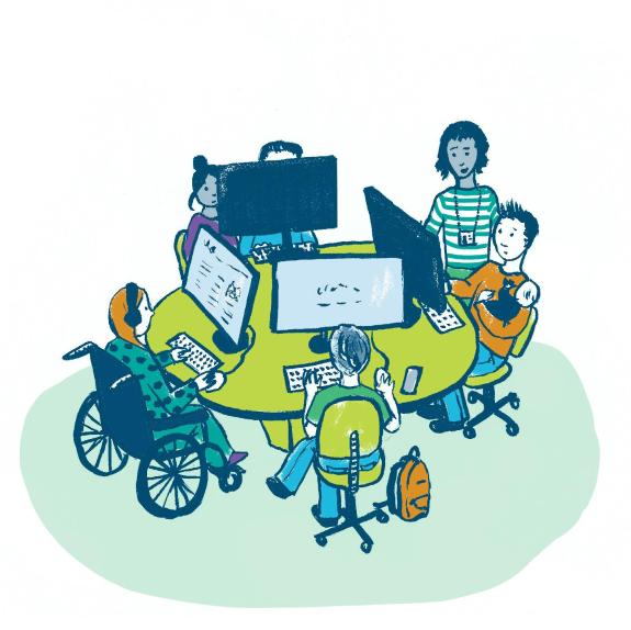 Illustrated families around a computure