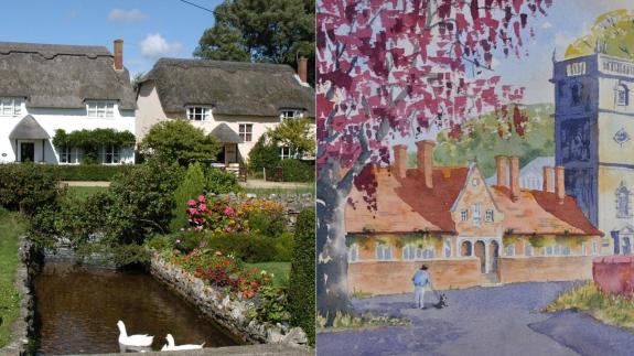 Composite: Duck Street in Wool, artist illustration of church in Wimborne St. Giles